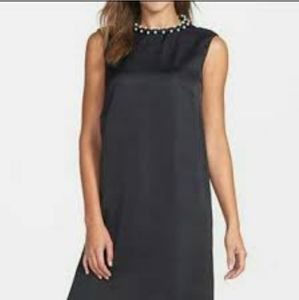 French Connection, Black Pearl Jewel Neck Luxe Satin Sleeveless Dress, Size 4